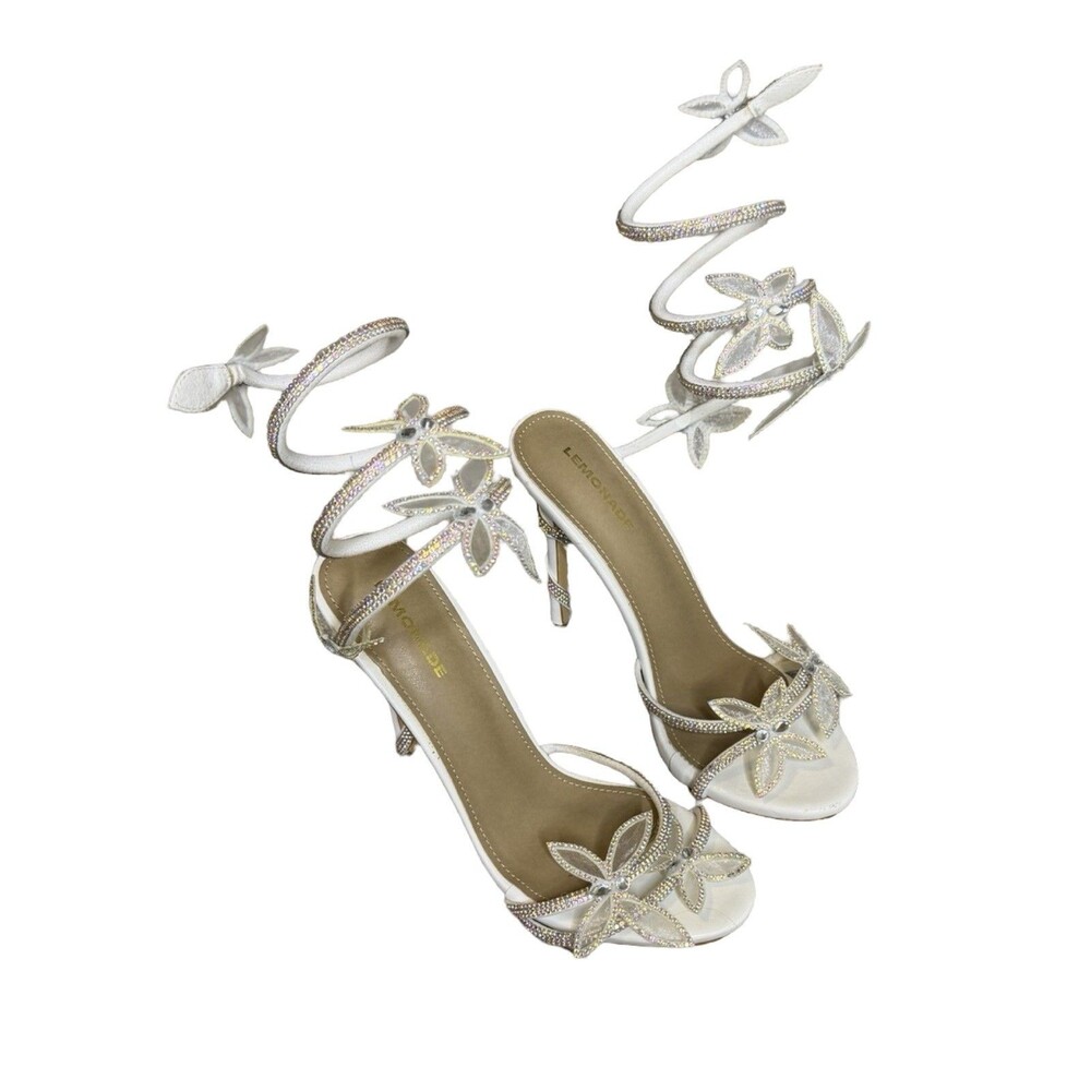 Lemonade Womens Shoes Heels White Butterflies Flowers with rinestone 7.5